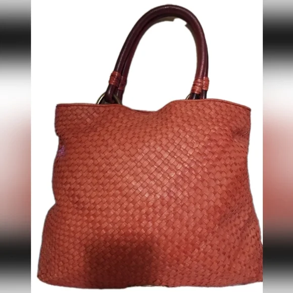 Elliott Lucca Genuine PIG Leather Orange Weaved Large Hobo Handbag - Picture 3 of 13